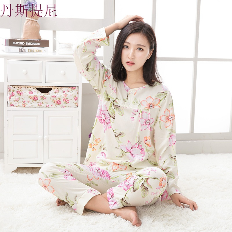 棉绸睡衣女士夏季长袖套装薄款两件套纯绵绸套头人造棉空家居服