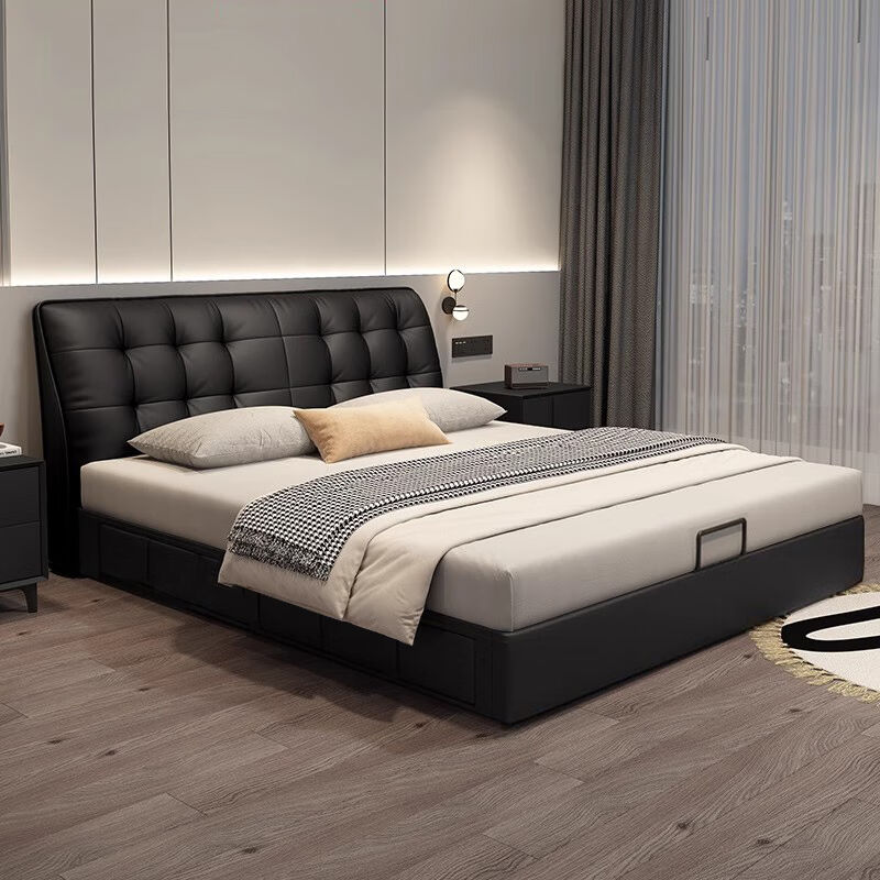 意式真皮床主卧室现代简约双人床小户型家用储物床黑色软包大婚床高清大图