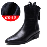 头层牛皮法式真皮尖头西部短靴女秋冬新款厚底复古骑士马丁靴 黑色绒里 40