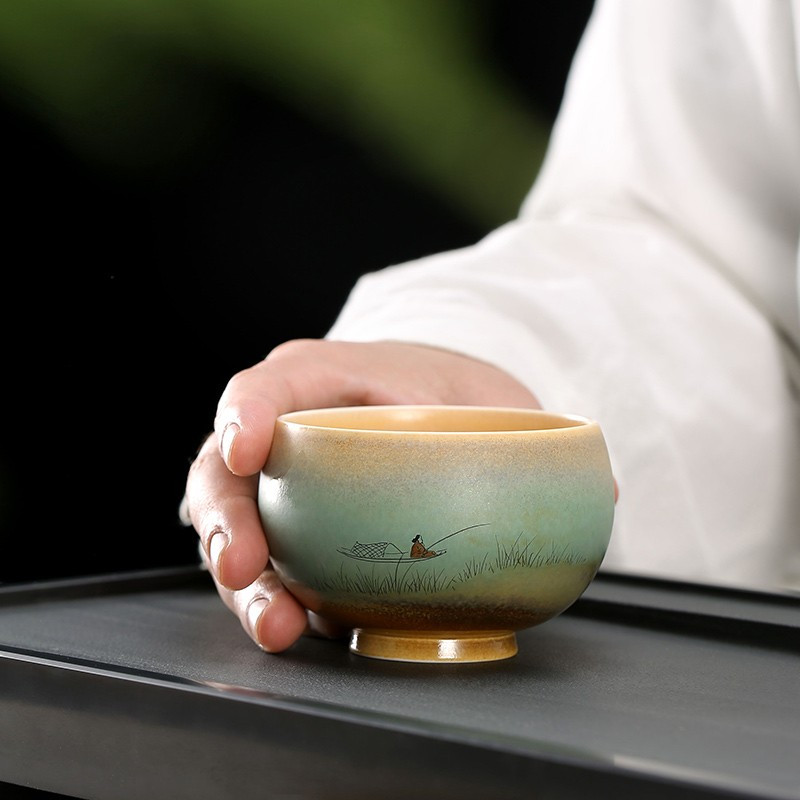 金镶玉 手绘茶杯 陶瓷窑变单杯小号水杯子主人杯功夫茶具礼盒装100ML 随缘手绘杯