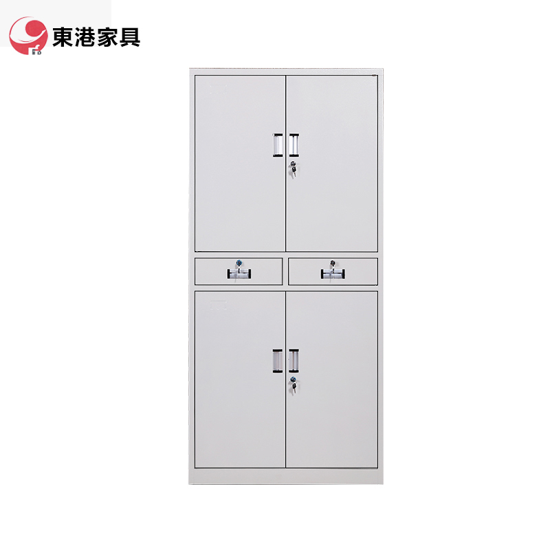 东港家具 钢制加厚办公文件柜铁皮柜财务凭证资料柜档案柜玻璃储物书柜带锁抽屉可定制灰白色 中二斗铁门文件柜