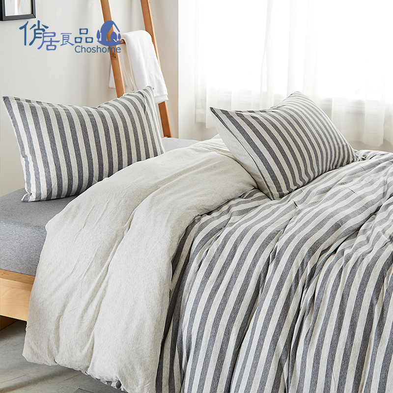 俏居(Choshome)家纺 日式四件套纯棉新疆长绒棉针织棉床笠被套简约条纹款全棉天竺棉套件高清大图