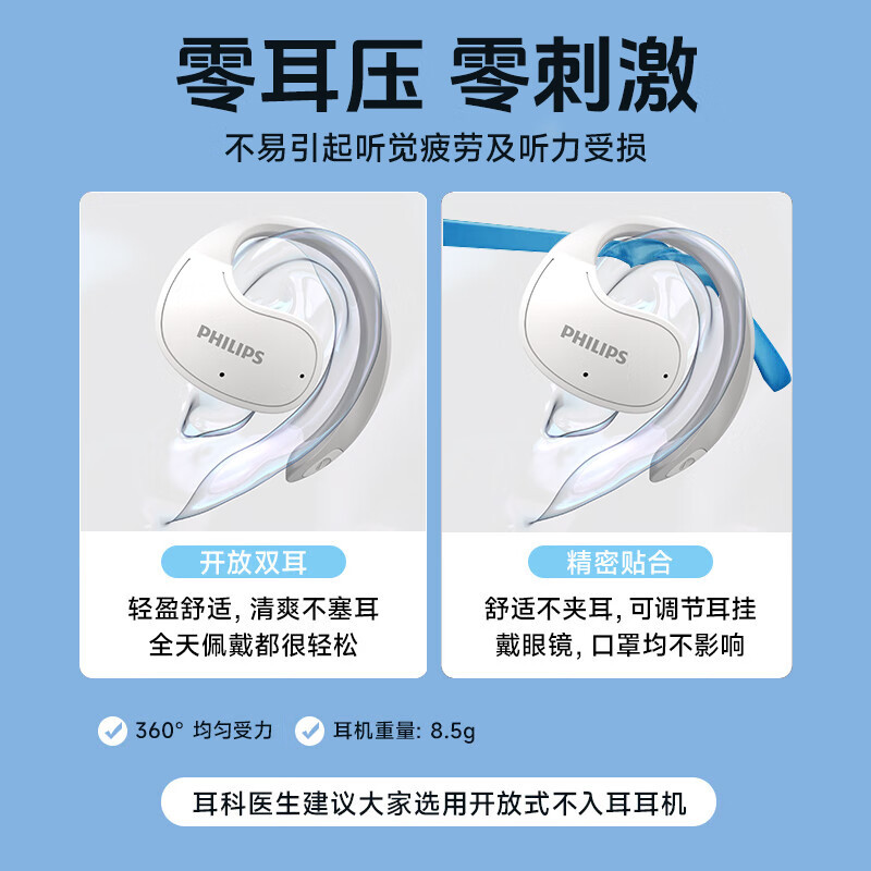 飞利浦(PHILIPS)蓝牙耳机骨传导概念真无线挂耳式开放式不入耳夹式运动跑步长续航高端降噪通用苹果TAT2708-黑