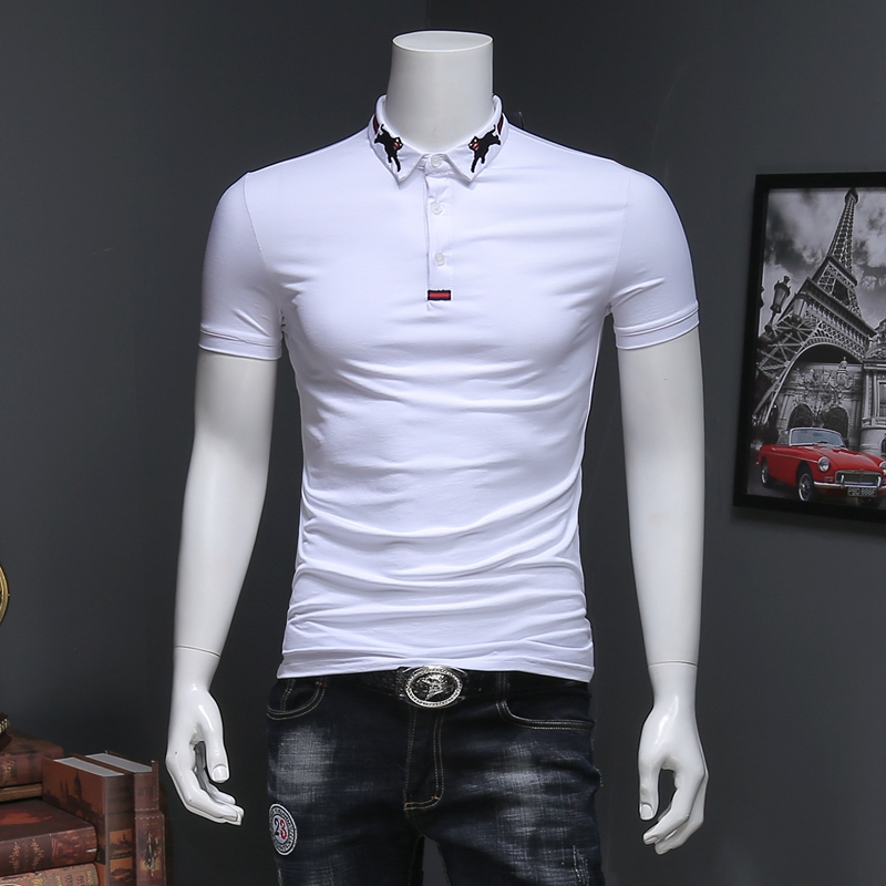 男士短袖t恤翻领青年夏款纯色半截袖衫体桖上衣服刺绣丅恤时尚