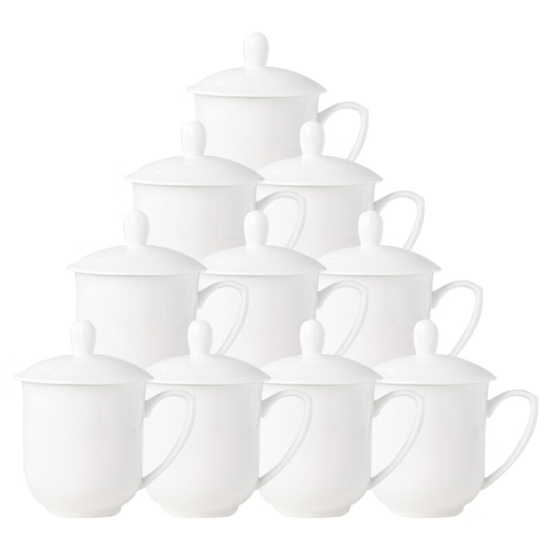 册宣 会议茶杯陶瓷盖杯360ml 纯白*10只套装