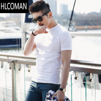 HLCOMAN白色T恤男士短袖修身潮牌圆领夏季半袖上衣紧身纯色打底衫潮