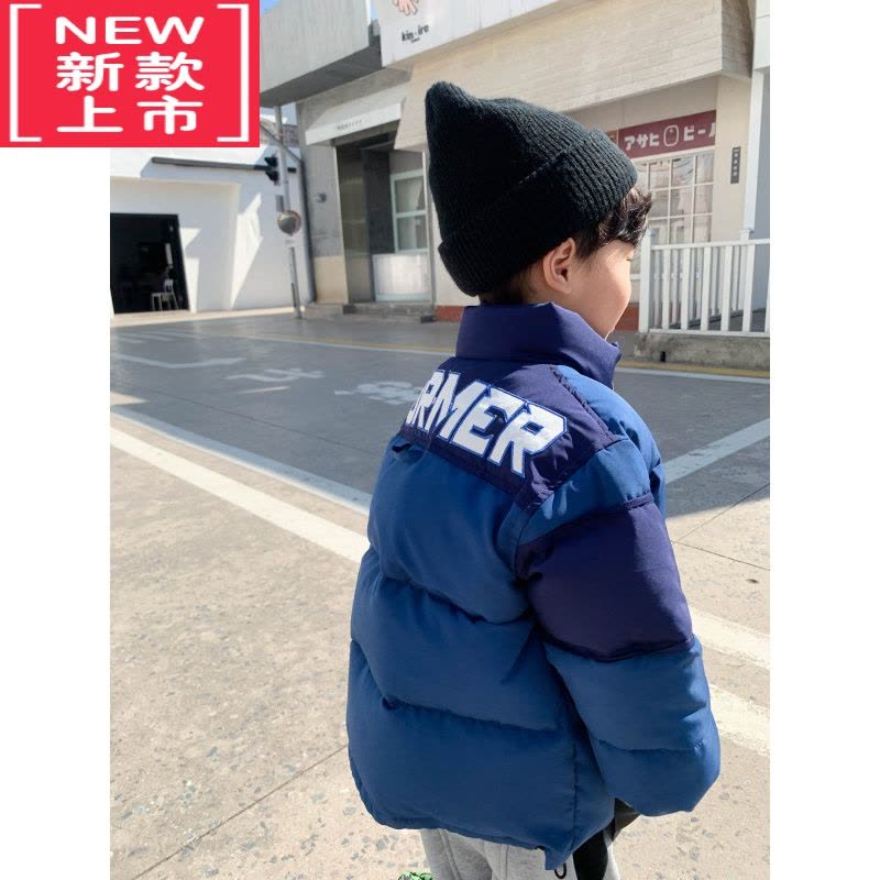 可莉允小小郑童装儿童棉衣宝宝字母拼接蓝色短款厚实暖和男童棉服外套图片