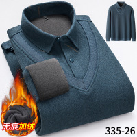 秋冬新款男士无痕衬衣假两件保暖长袖衬衫加绒保暖内衣潮_982 3XL 26绿印花