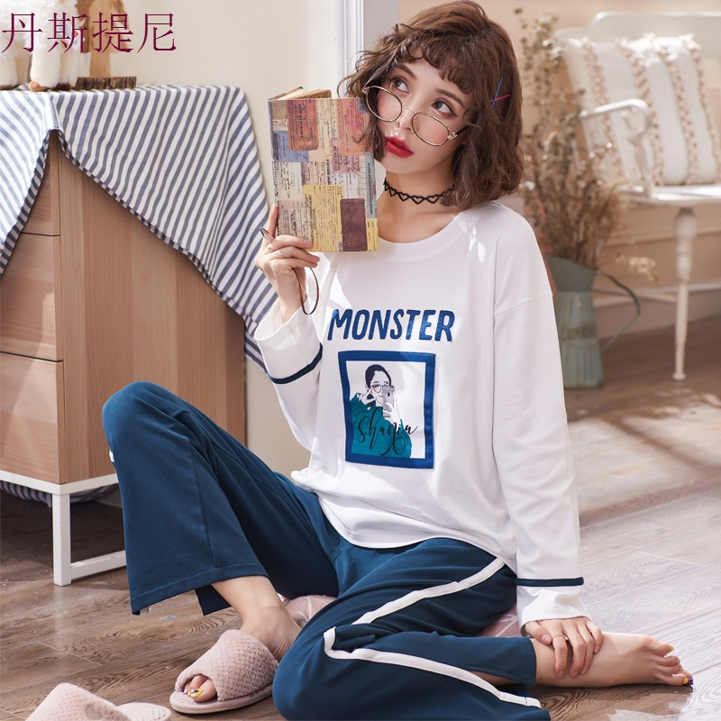 韩版宽松睡衣女春秋季纯棉长袖可外穿全棉清新家居服女夏薄款套装