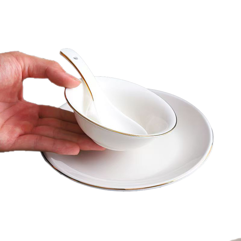橙亿鸿 纯白陶瓷碗金边摆台餐具盘碗勺茶杯筷架筷子 六件套/件高清大图