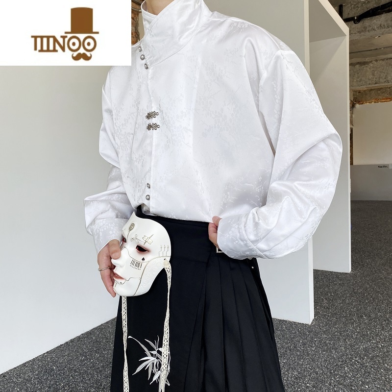 YANXU秋季新中式提花缎面衬衫男女长袖小众金属盘扣设计感痞帅立领衬衣