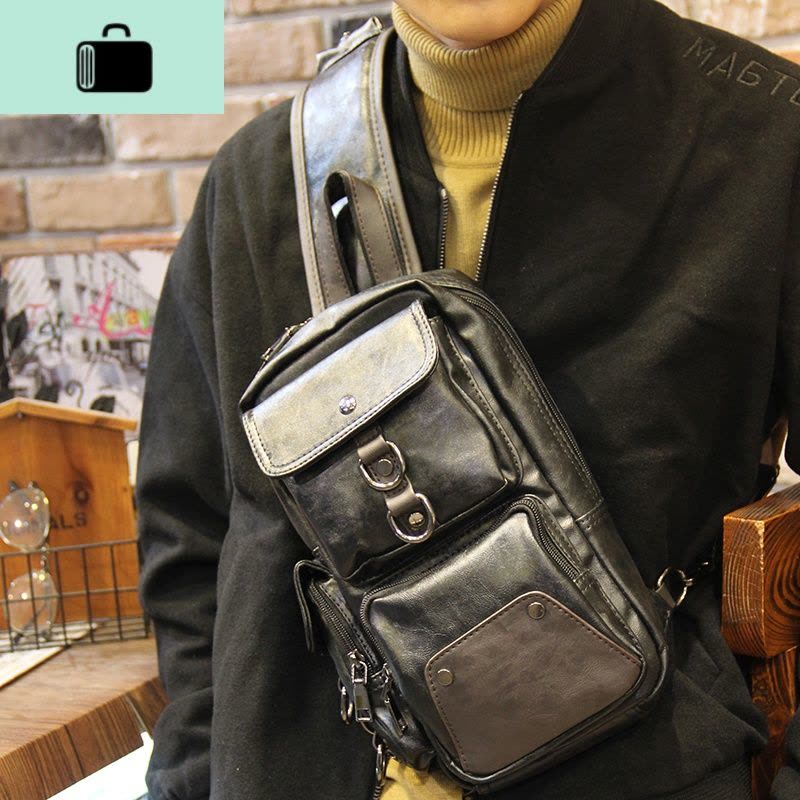 皮男士胸包2020新款时尚简约潮牌休闲小背包男包潮流单肩斜挎包NEW LAKE 黑色男士单肩包图片