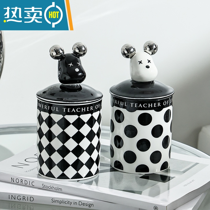 敬平熊公仔牙签盒家用陶瓷牙签筒牙线棉签收纳盒罐创意黑白棋盘牙签桶 魔方-条纹黑色高清大图