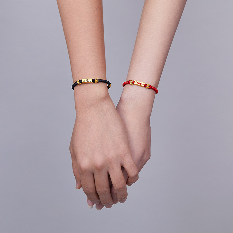 周六福zhouliufu黄金手链男女定价足金3d硬金龙凤红黑情侣手绳官方