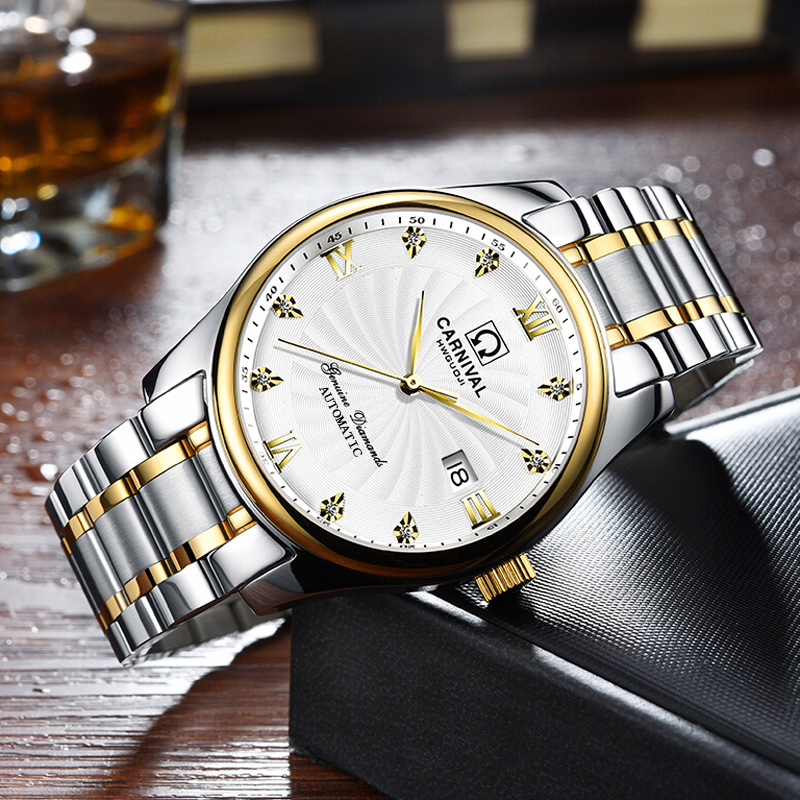瑞士嘉年华CARNIVAL手表 名匠商务系列男士全自动机械表 男日历防水大三针背透带时尚商务男表腕表8828G水钻款精钢高清大图