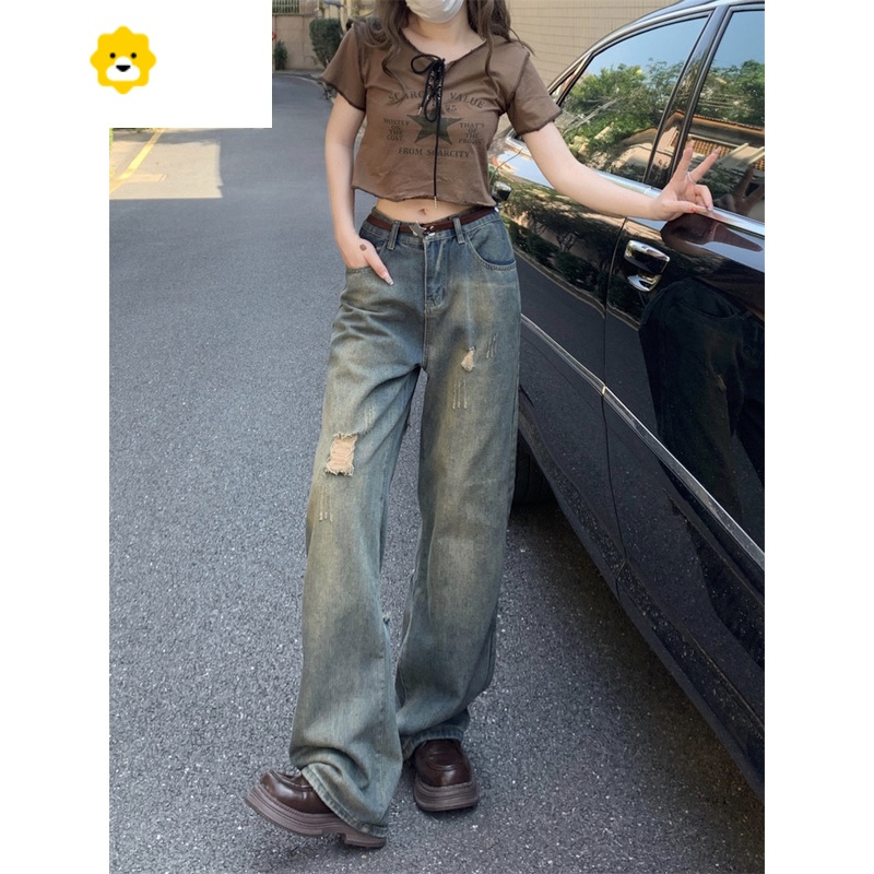 fish basket妈个鸡妈 ins做旧复古星星贴布绣破洞微喇牛仔裤宽松裤子