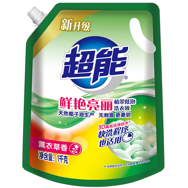 超能洗衣液时尚炫彩植翠低泡1kg*4袋家庭量贩装8斤 (鲜艳亮丽)