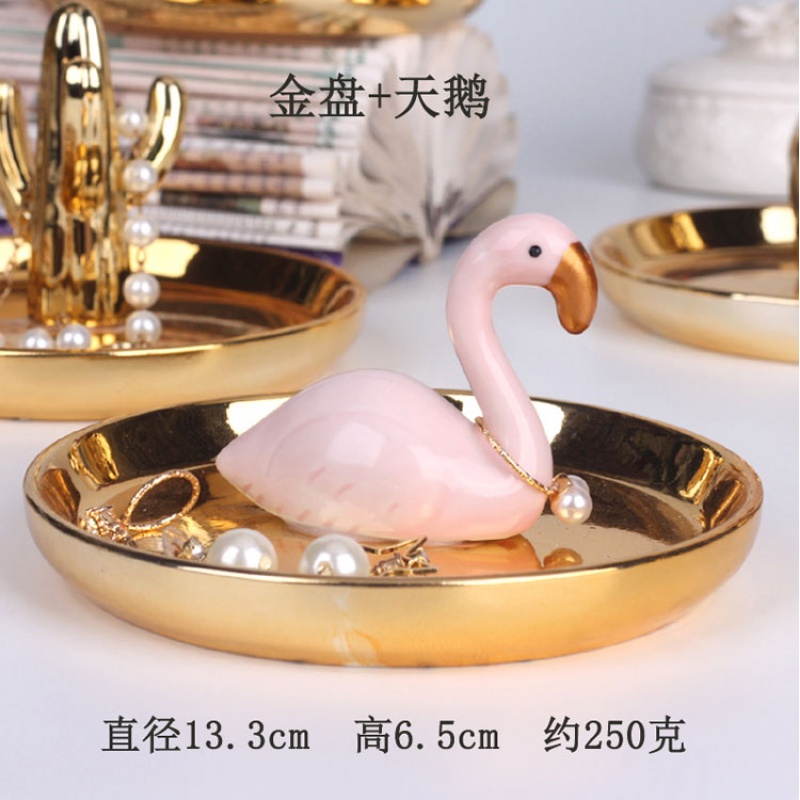 北欧风陶瓷工艺品礼品镀金动物首饰盘戒指手表家居收纳盘摆件装饰收纳袋 三维工匠 白盘金鸟