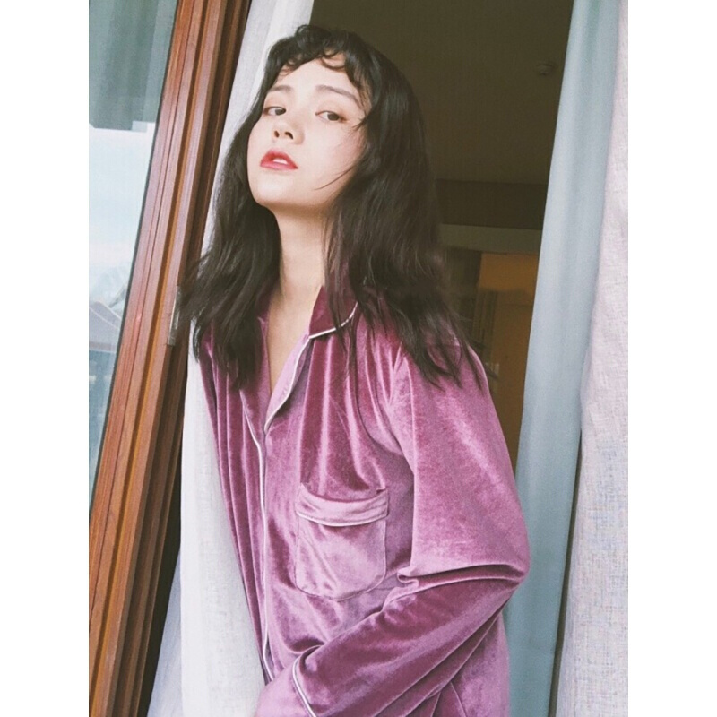 波迷娜(BOMINA)紫色丝绒睡衣男情侣睡衣女送发带长袖薄款秋季家居服网红款