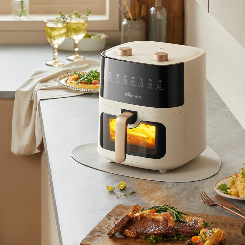 小熊(bear)空气炸锅 全自动不用翻面 家用6L大容量 可视 聚风环包裹烤 免翻面QZG-E16H3 米黄色 / 台