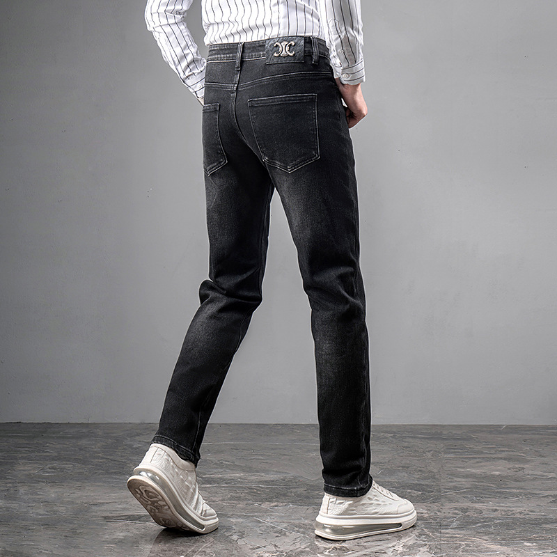 新品欧货牛仔裤修身款男潮流时尚轻奢加绒保暖弹力刺绣长裤子高清大图