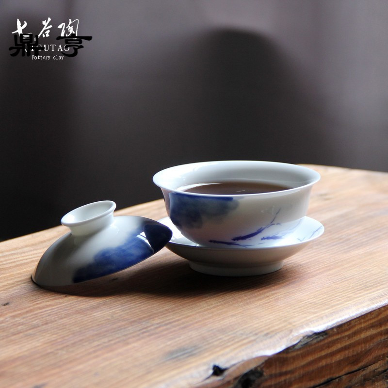 鼎亨景德镇青花手绘盖碗釉下彩高白瓷三才碗陶瓷功夫茶具薄胎手工