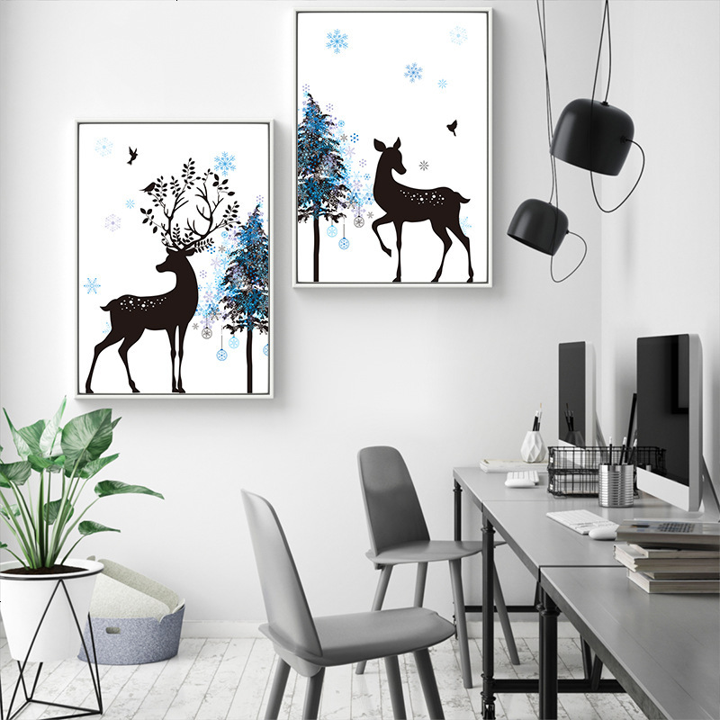 简约现代装饰画房间客厅卧室墙壁挂画创意个性雪花林麋鹿动物壁画