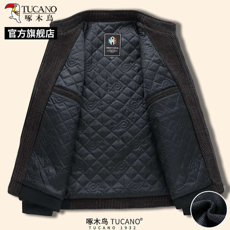 啄木鸟冬季男士保暖立领外套中年爸爸装商务呢子夹克衫棉服上衣外高清大图