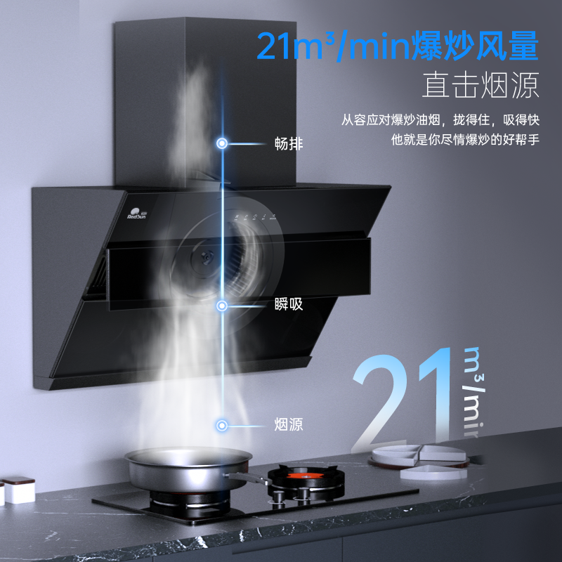 红日(RedSun)21立方体感油烟机烟灶套装厨电组合自动清洗抽油烟机排烟机定时燃气灶JED19H+EM618B 液化气高清大图