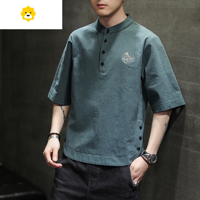 fish basket亚麻短袖t恤男士夏薄款宽松大码棉麻半袖套装中国风男装