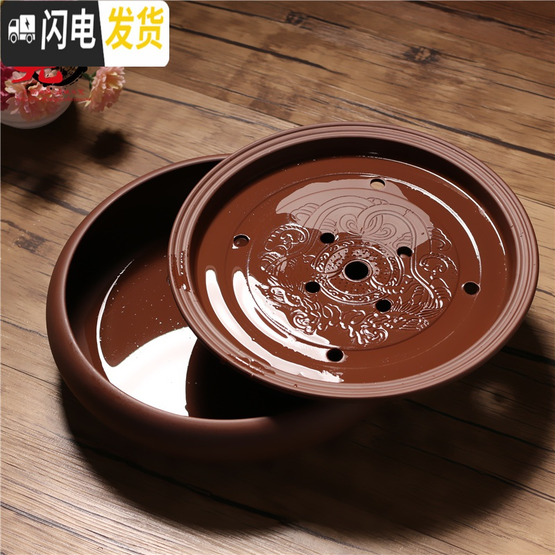 三维工匠紫砂茶盘大茶台储水茶海功夫茶具简约小号茶托盘陶瓷圆形家用多款 竹叶黑(10英寸26.5cm)