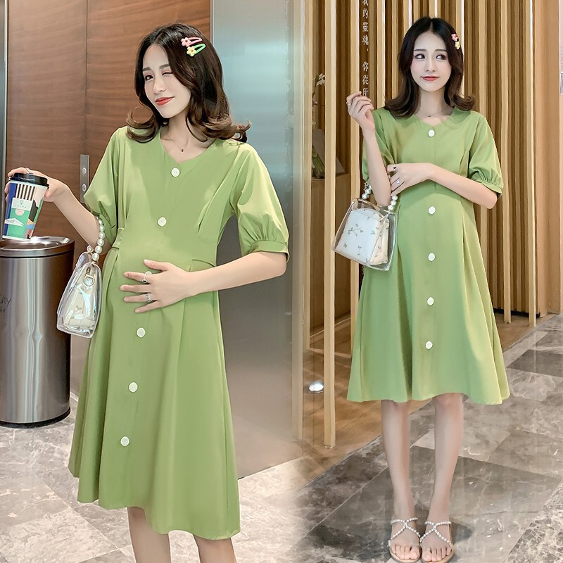 迪鲁奥(DILUAO)孕妇装夏装外出2021新款孕妇连衣裙中长款时尚潮妈孕妇套装夏季宽松透气孕妇裙子 绿色