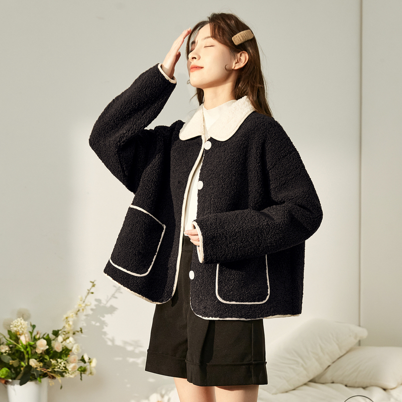 唐狮2023冬季新款颗粒绒外套女短款秋冬仿麂皮绒翻领美拉德上衣K_04343 S 黑色第二批预售12月23日发