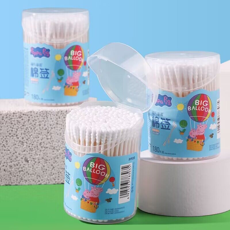 海氏海诺180支佩奇联名款双螺旋头纸轴儿童棉签家用宝宝掏耳清洁一次