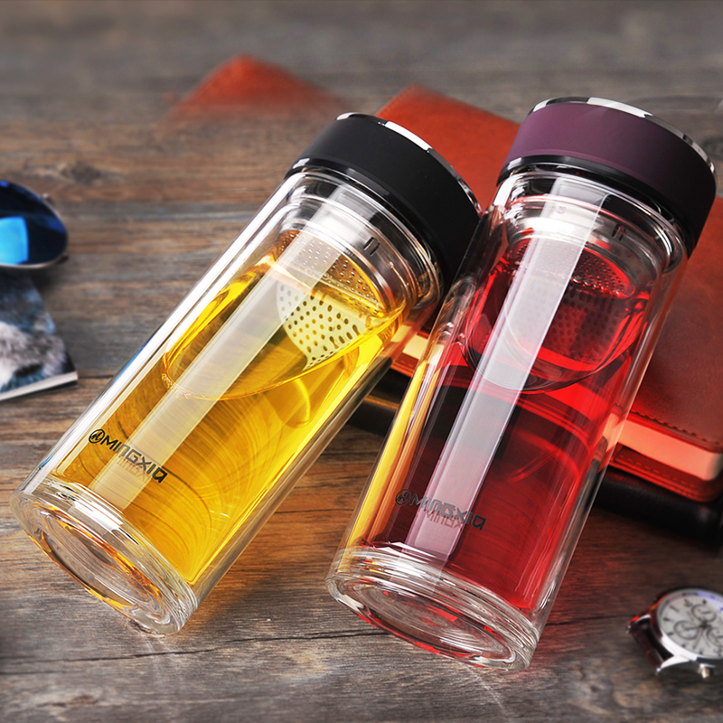 家柏饰(CORATED)玻璃杯双层便携水杯车载过滤男茶杯带盖家用杯子大容量500ml 350ml黑色(一体烧厚底)高清大图
