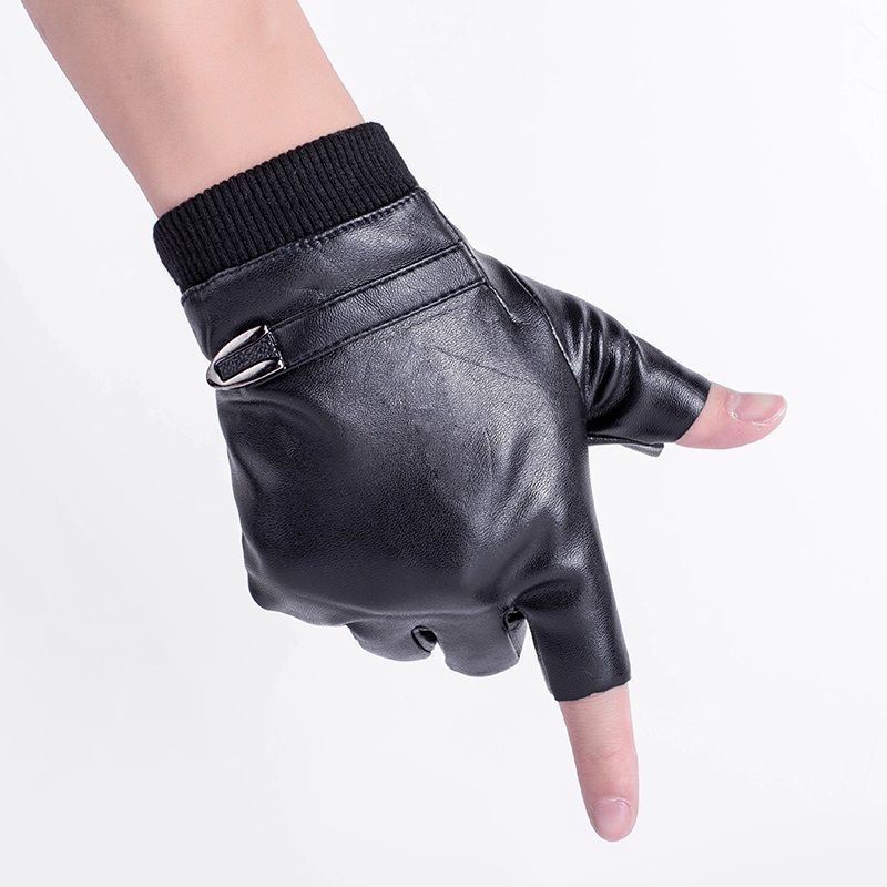 皮半指黑色皮手套半指冬季保暖男冬加绒骑行钓鱼潮帅气男士露指半截