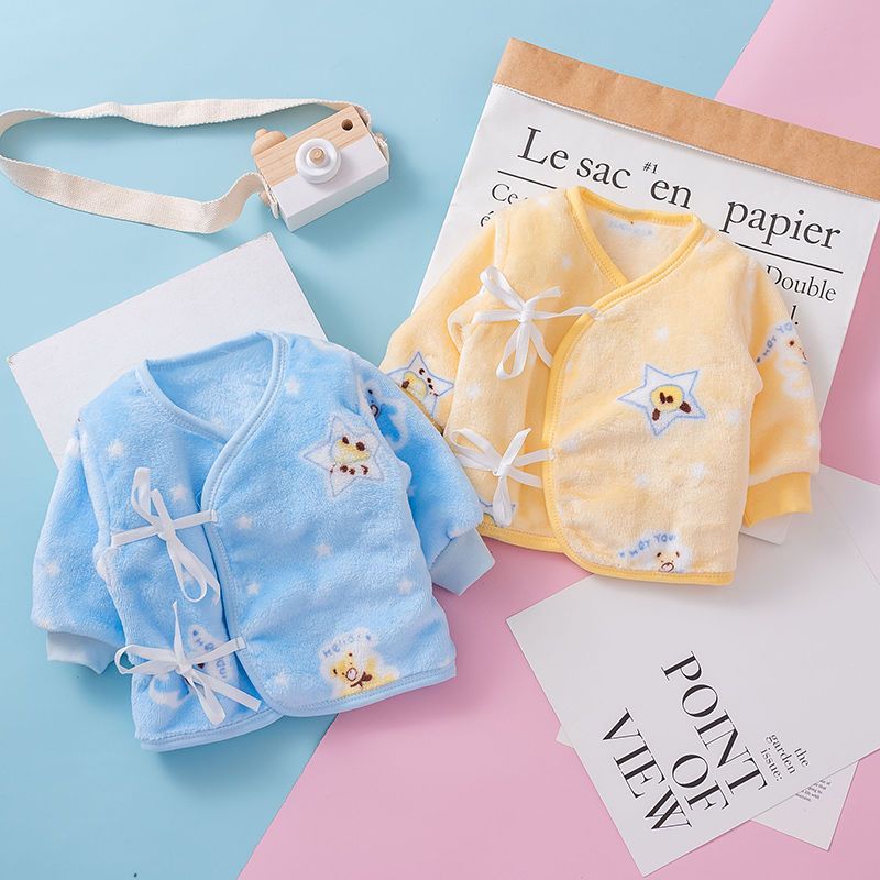 新生儿衣服冬季0到3个月初生宝宝婴儿法兰绒保暖衣和尚服上衣内衣 新双绑带星星黄色 58cm(新生-2个半月)