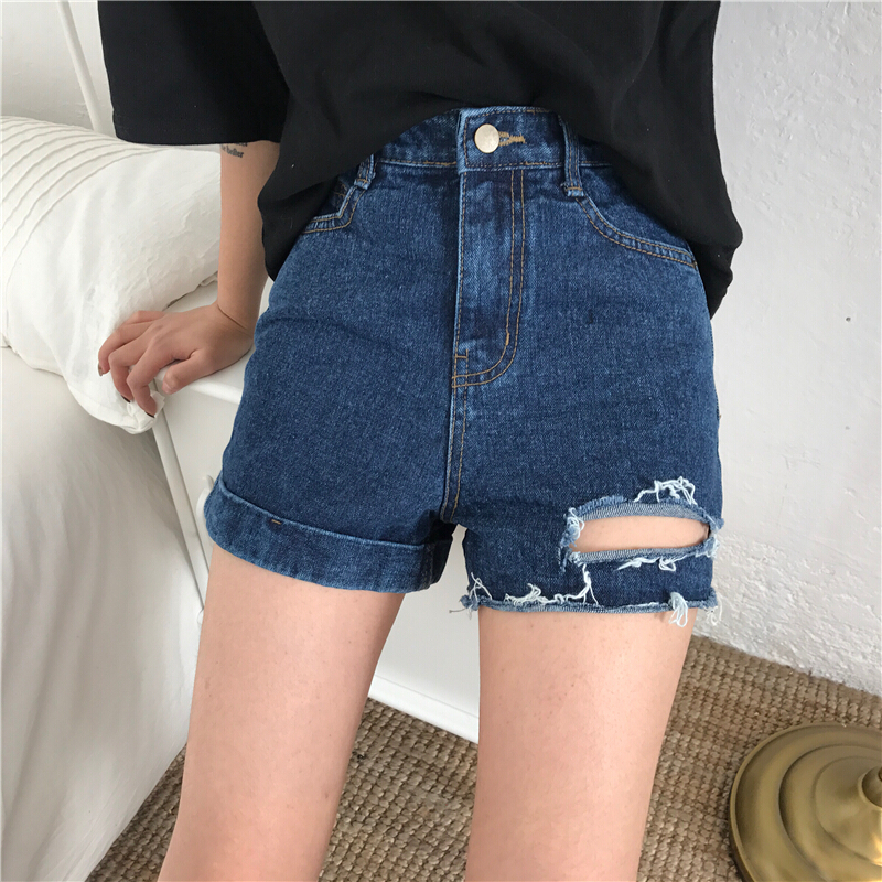 夏装韩版宽松水洗做旧破洞直筒裤复古显瘦高腰牛仔裤女短裤潮