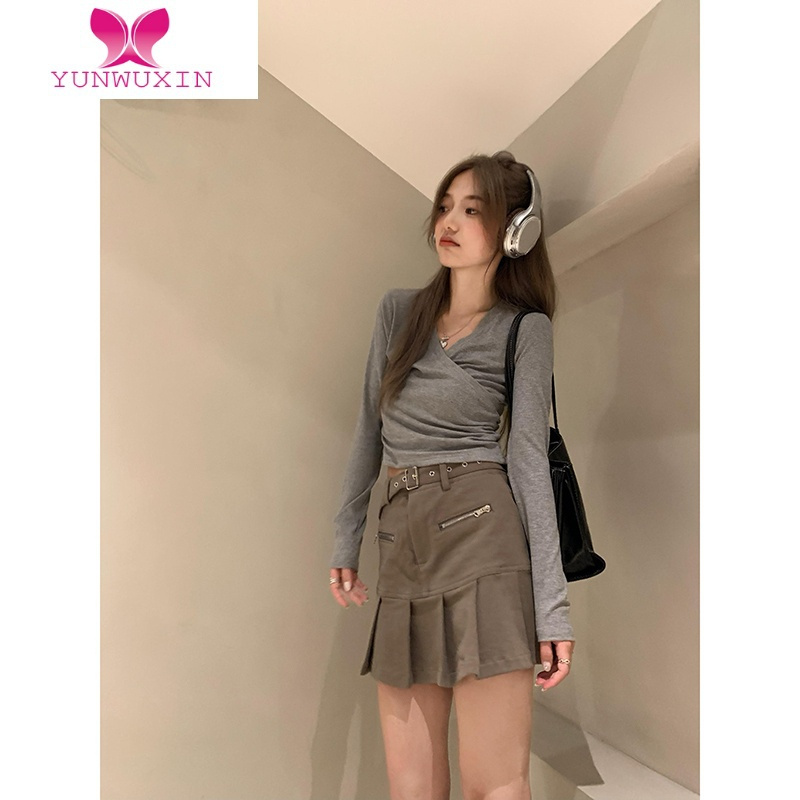 YUNWUXIN时尚性感交叉V领上衣修身显瘦通勤长袖别致褶皱t恤女新款2022T恤