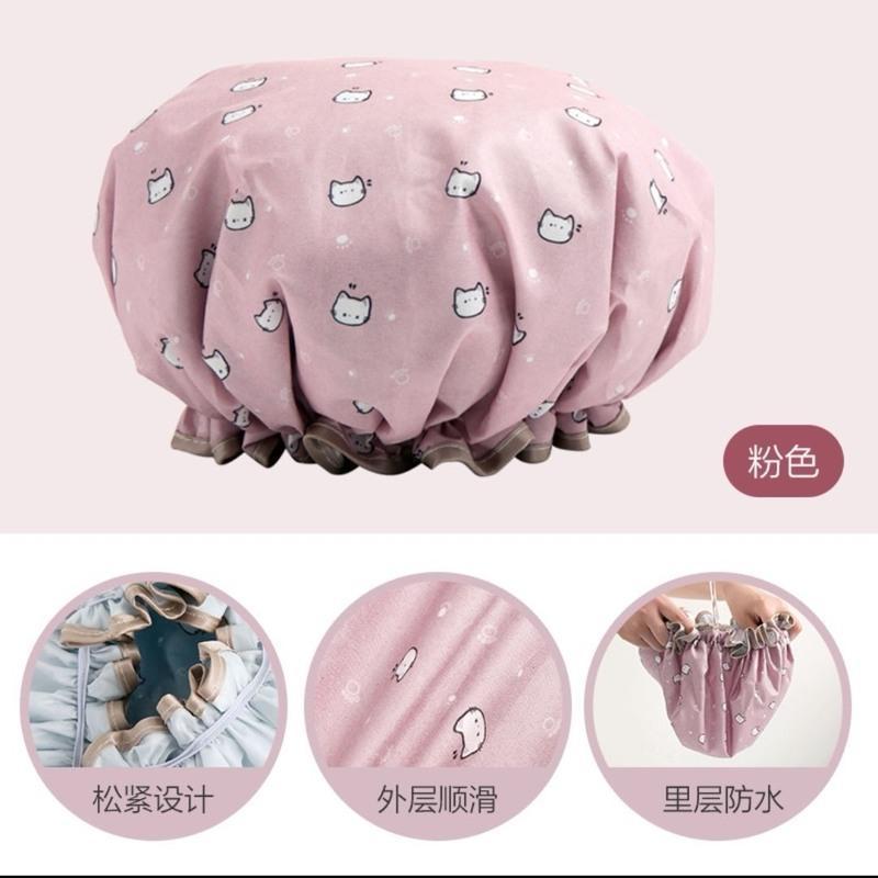 浴帽女防水女款洗澡头套家用沐浴帽韩国可爱头套加厚厨房防油烟帽 粉色猫咪
