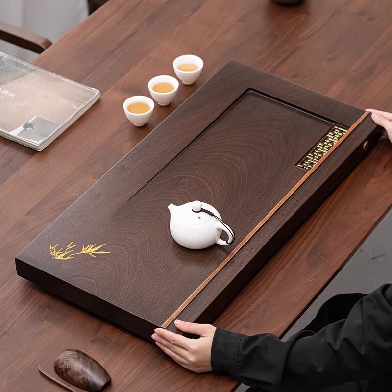 陶瓷花梨实木茶盘正板式茶盘茶托 百川-花梨木(黑檀色) 80*40cm高清大图
