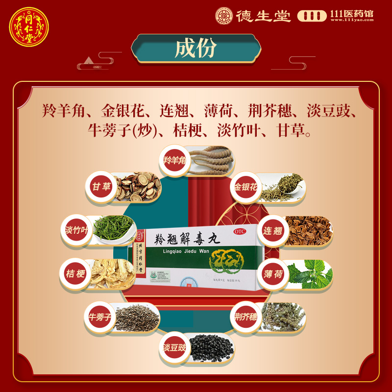 同仁堂羚翘解毒丸10丸 疏风清热解毒用于风热感冒恶寒发热头晕目眩咳嗽高清大图