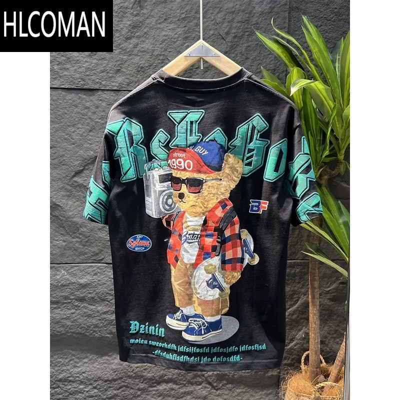 HLCOMAN夏季新款男士潮流潮牌卡通背包小熊印花短袖圆领宽松休闲T恤上衣