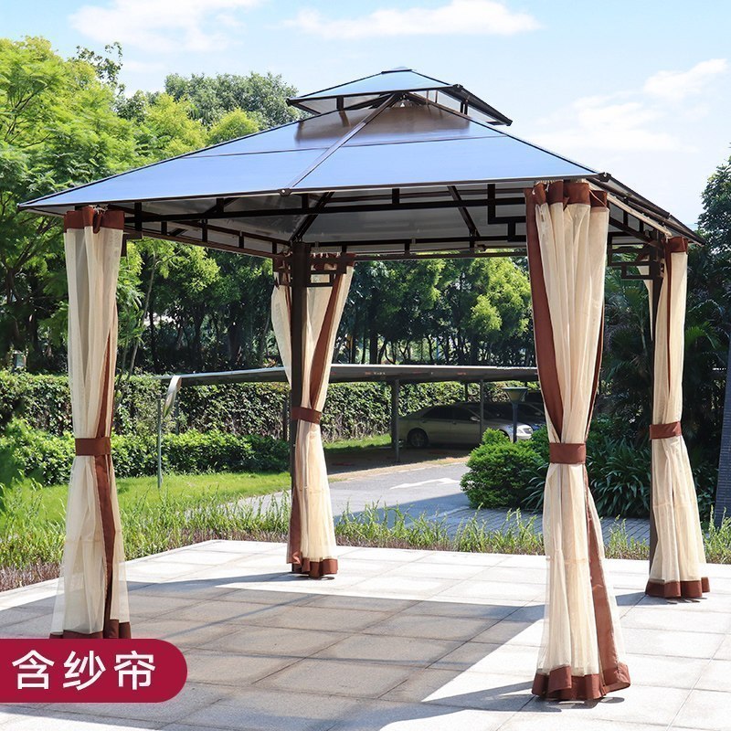 森美人防腐木户外凉亭小木屋别墅庭院花园农家乐简易亭子楼顶实木遮阳棚 阳光板四柱亭【含纱帘】