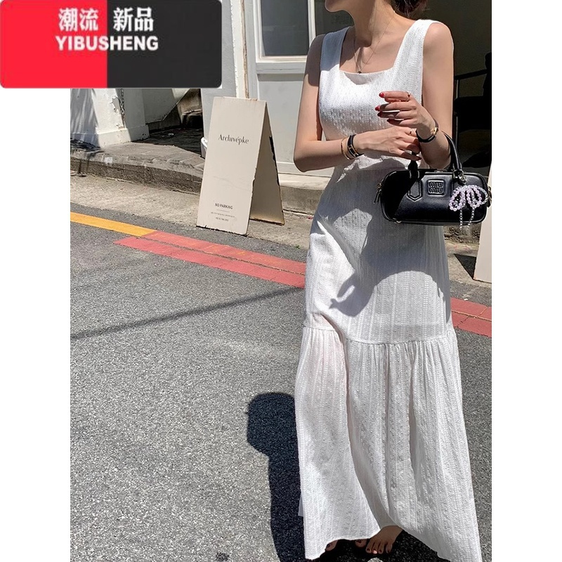 YIBUSHENG韩国chic季法式气质方领刺绣钩花修身显瘦拼接鱼尾吊带连衣裙女