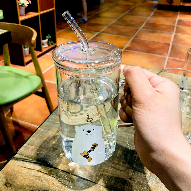 美帮汇玻璃杯女带盖带把吸管杯超萌大容量马克杯办公室水杯奶昔杯子高清大图