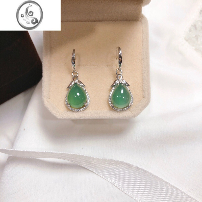 jimi香港正生s925银银绿玉髓耳环耳吊女简约气质高雅耳饰送妈妈节日礼