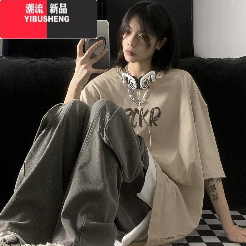 YIBUSHENG看的卡其色短袖t恤女季oversize宽松半袖印花上衣高清大图