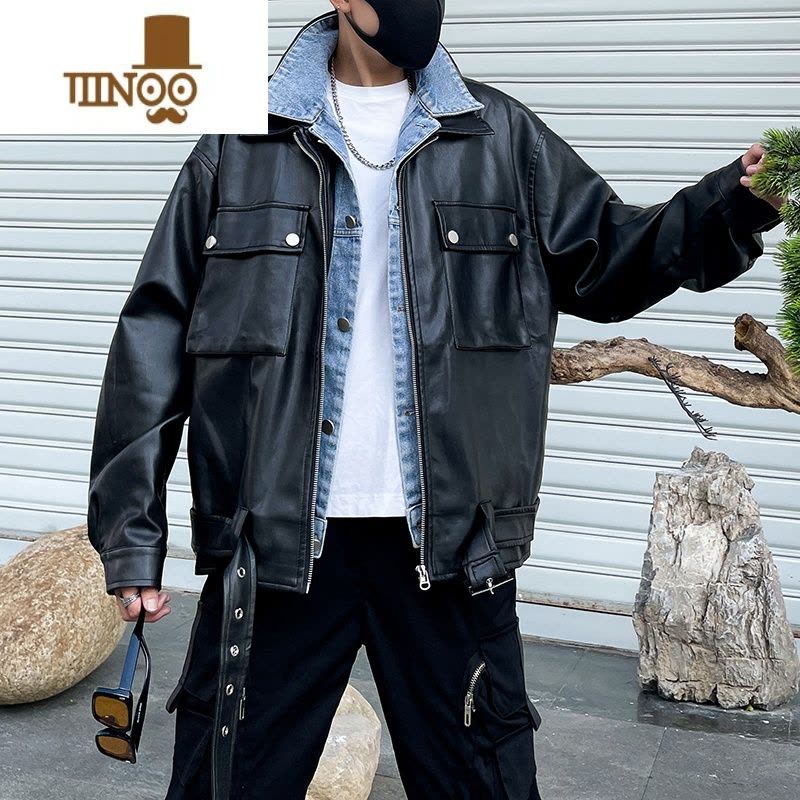 YANXU潮男前线[套装]2023帅气百搭假皮衣外套痞帅翻领皮夹克图片
