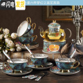 三维工匠梦幻之蓝田园风英式下午茶陶瓷玻璃花茶具套装蜡烛加热茶壶带过滤 梦鸟底座+玻璃6杯碟不含架礼盒装